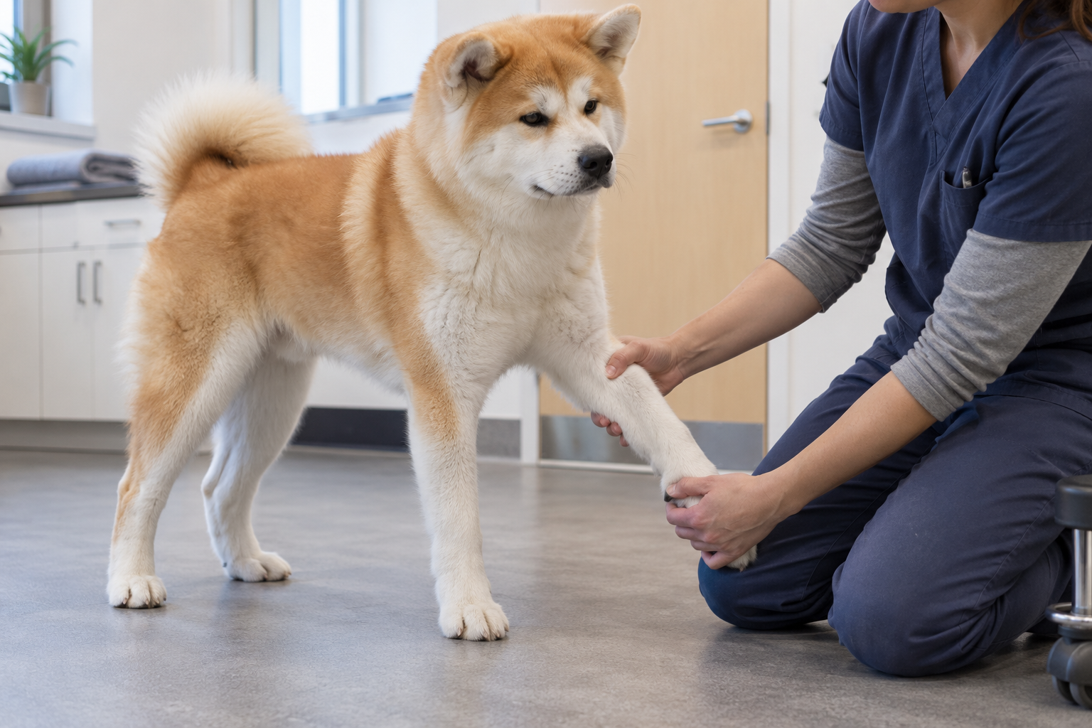 Veterinárka kontroluje končatinu dospievajúcej akity počas preventívnej prehliadky